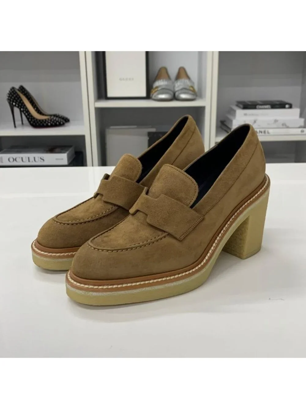 Hermes Didi Suede Heels Loafers Brown